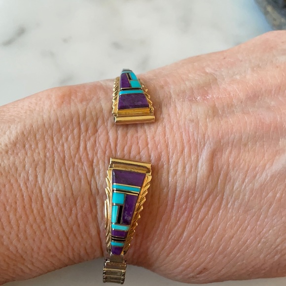 14K Gold Vintage Zuni Native American Watch Tips signed Walley - Picture 4 of 13